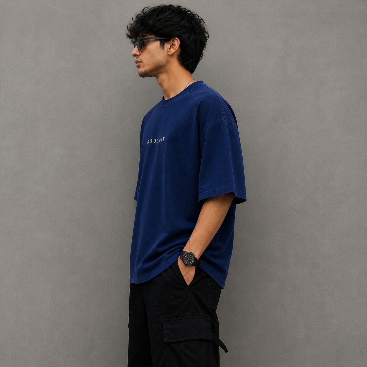 SoulFit Minimal Logo Oversized T-Shirt | Unisex Navy Blue Premium Cotton Streetwear Tee