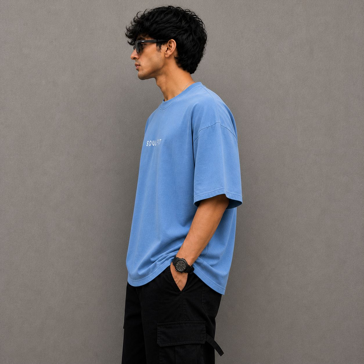 SoulFit Minimal Logo Oversized T-Shirt | Unisex Sky Blue Premium Cotton Streetwear Tee