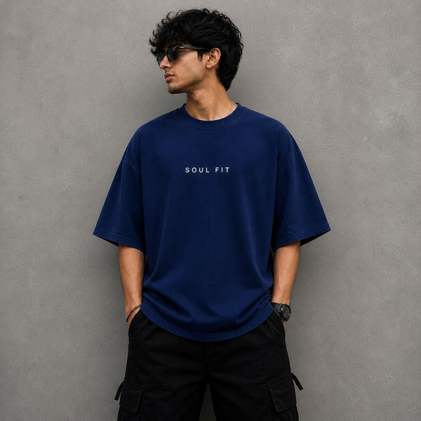 SoulFit Minimal Logo Oversized T-Shirt | Navy Blue Premium Cotton Streetwear Tee