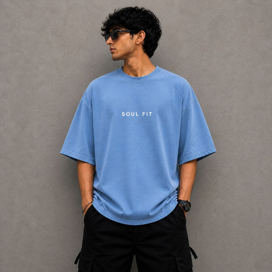 SoulFit Minimal Logo Oversized T-Shirt | Unisex Sky Blue Premium Cotton Streetwear Tee