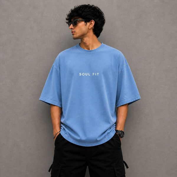 SoulFit Minimal Logo Oversized T-Shirt | Unisex Sky Blue Premium Cotton Streetwear Tee
